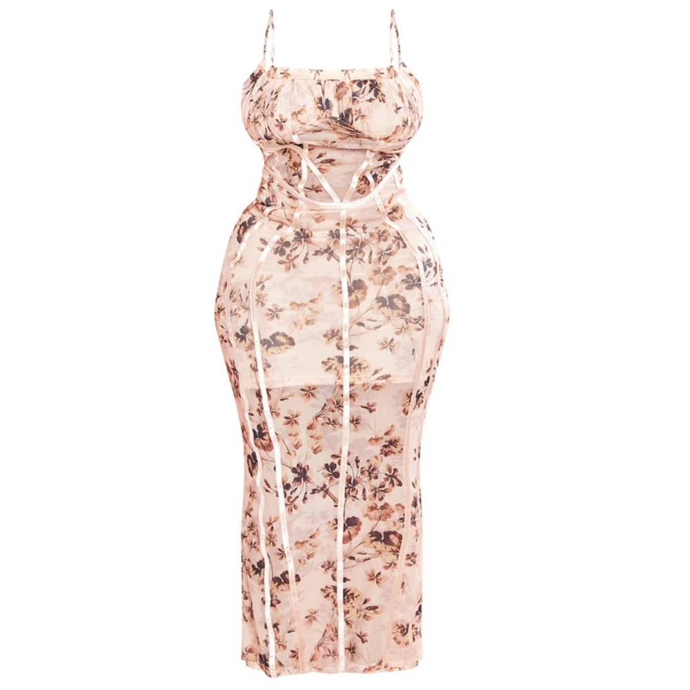 Plus Nude Floral Print Mesh Binding Detail Midaxi Dress